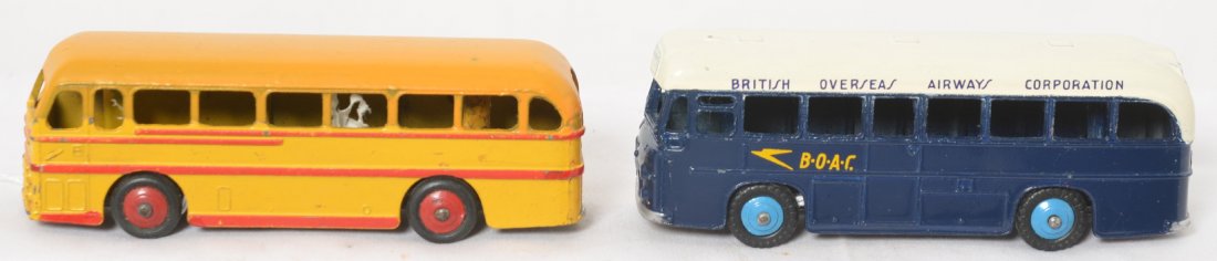 Dinky Toys 283 B.O.A.C. and 282 Duple busses: Dinky Toys 282 Duple Roadmaster bus and 283 British Overseas Airways Corporation bus. Buses appear to be in original paint with original tires.