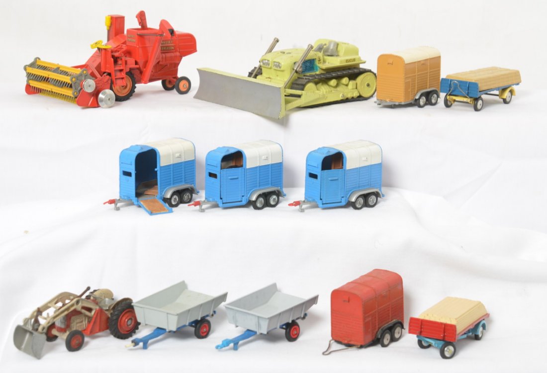 Group of Corgi diecast tractors, horse trailers, more: Corgi, Corgi Major Toys diecast toy vehicles, Massey Ferguson 780 combine, Massey Ferguson 65 tractor with loader, Rice horse trailers, tip bed trailers, trailers with cement bags, Euclid TC-12 tracto