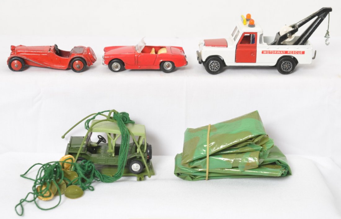 Group of Dinky diecast toy vehicles, 601 Para, Jaguar,: Group of Dinky Toys diecast toy vehicles, 601 Austin Para Mini Moke with extra parachute, 109 WB Land Rover Motorway Rescue tow truck, Jaguar missing headlight with repainting/touchups, Austin Healey 