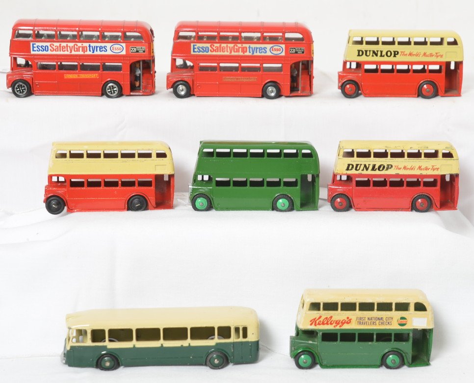 Dinky Toys busses, two 289, five 290, Somua Panhard: Dinky Toys diecast toy busses with some being repainted, some have touchups, some are completely original. Two 289 Esso Routemaster busses, five double decker busses (Bus decals all appear original), 