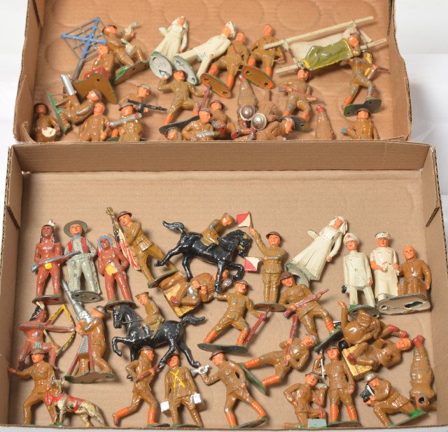 Fifty Barclay diecast hollow cast soldiers, indians,: Fifty Barclay diecast/hollow cast military soldiers and other figures. Indians, cowboys, doctors, nurses, stretcher bearers, radar operator, typewriter, water cooled machine guns, Tommy guns, KP duty 