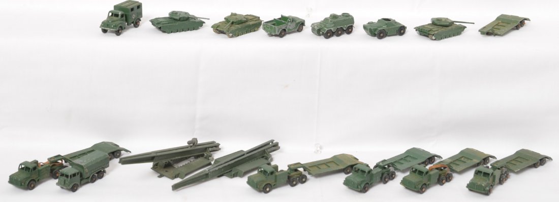 Large grouping of Matchbox Lesney military vehicles: Large group of Matchbox Lesney diecast military vehicles. Some rust on some axles, some oxidation on some parts, some damage to a Jeep windshield, trailer missing a truck, missing tracks, etc. This gr