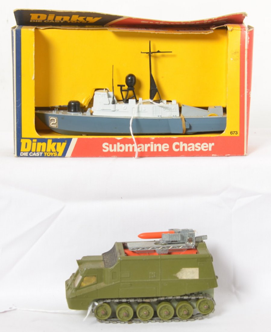 Dinky Toys 673 Sub Chaser in OB and Shado 2: Dinky Toys diecast toy vehicles, 673 Submarine Chaser in original package/box, boat appearing to have never been removed. Package shows mild wear and tears.