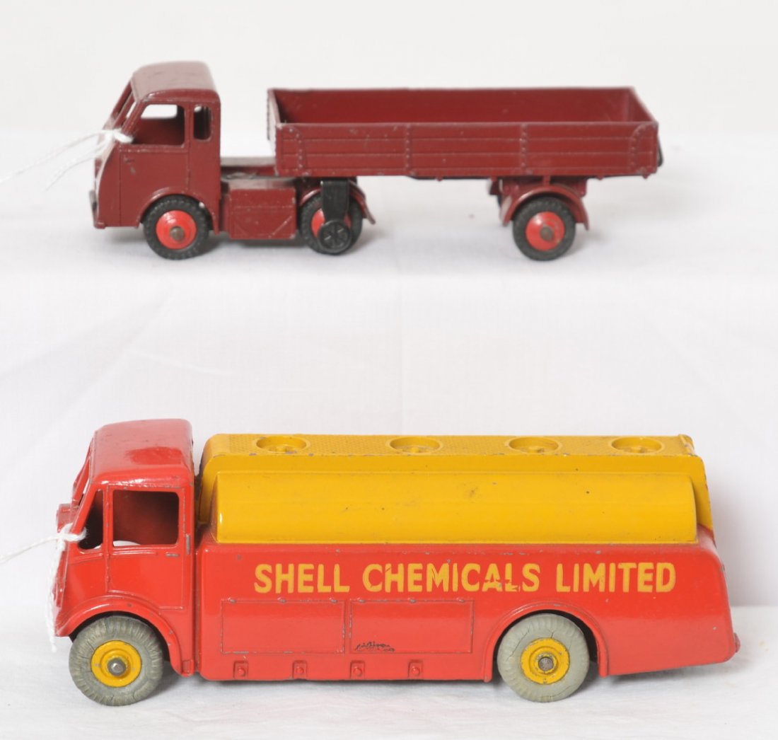 Dinky Toys 421 British Railways and A.E.C. Monarch: Diecast Dinky Toys toy vehicles 421 British Railways truck and trailer, and Shell Chemicals Limited A.E.C. Monarch Thompson Tank truck. Trucks appear to be in original condition with original paint an