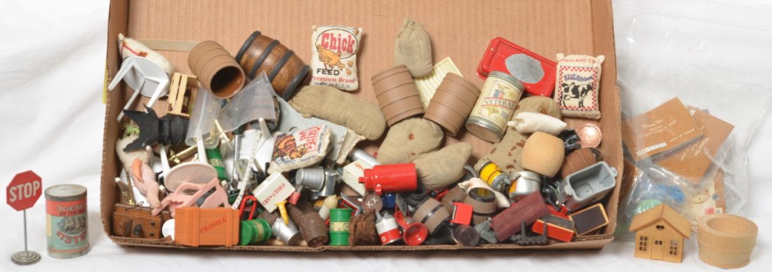 Doll house furniture, accessories, layout or diorama: Flat full of doll house furniture and accessory type items, plastic, metal, and wood. Lot is sold as is shown in photos with no returns.