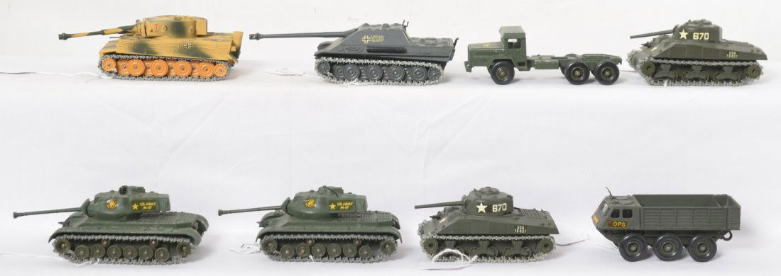 Eight Solido military vehicles, tanks, truck, armored: Eight diecast Solido military vehicles, six tanks, one truck, and one armored vehicle. 523 Unic Sahara has oxidation to surface. Two No. 231 Sherman M4 A3 3/1972. Two M-47 Char Blinde General Patton b