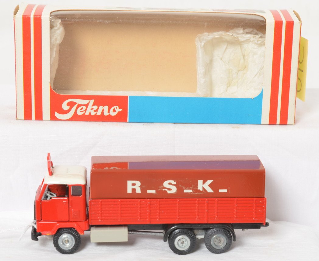Tekno, Made in Denmark delivery truck w/covered in OB: Tekno, Made in Denmark diecast toy vehicle in original box, R.S.K. delivery/commercial truck with covered bed. Truck has a tiny bit of wear/chipping to decal on one side.