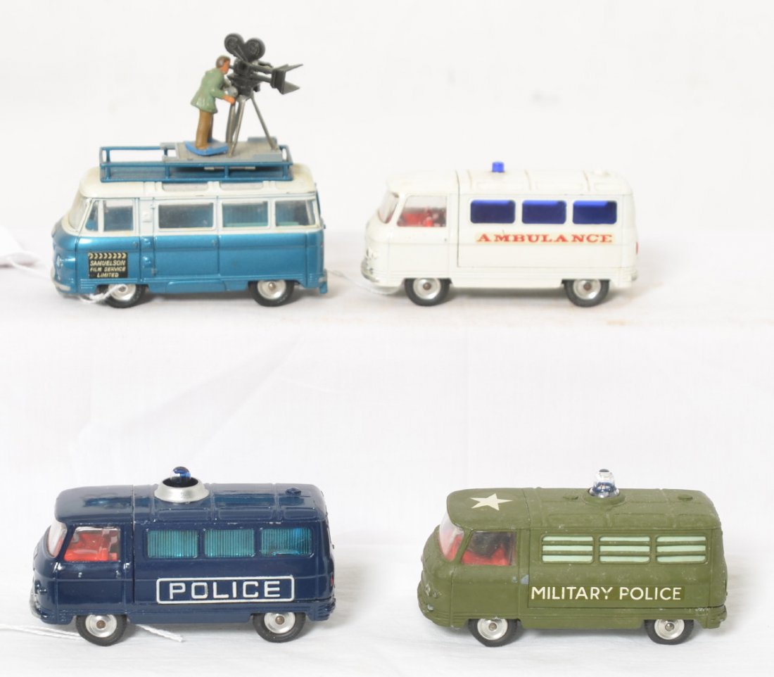 Four Corgi Commer Ambulance, TV, Police, Military: Four Corgi diecast Commer vehicles, Ambulance, TV bus, Police, and Military police. Busses are all in original condition with original paint and tires. Clean no battery damage.