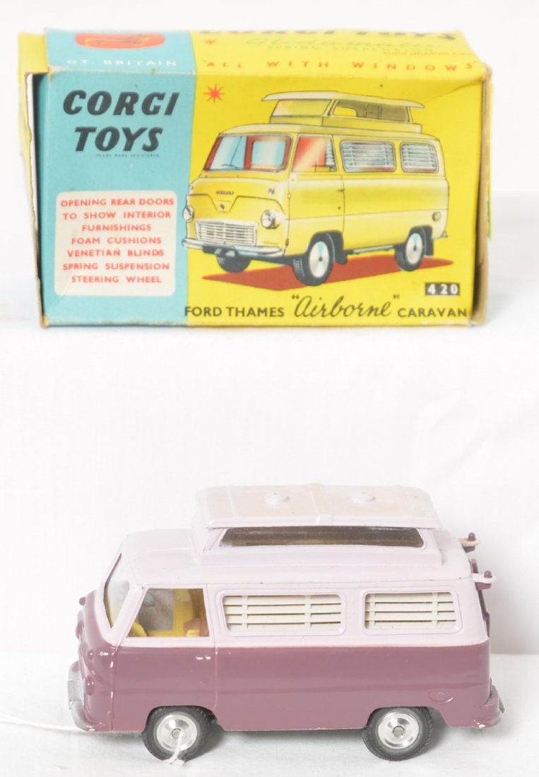 Corgi Toys 420 Ford Thames Airborne Caravan in OB: Corgi Toys 420 Ford Thames Airborne Caravan diecast toy vehicle in original box. Camper shows little if any wear. Paint and tires are original with no flats or splits. Box shows a little light wear.