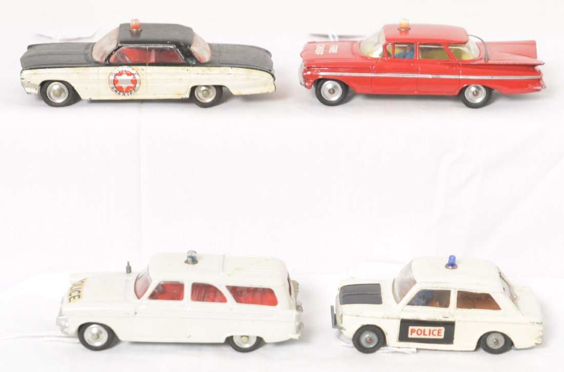 Corgi Toys Sunbeam Imp, Ford Zephyr, Supper 88....: Corgi Toys diecast toy vehicles, Sunbeam Imp Police, Ford Zephyr Motorway Patrol car, Oldsmobile Super 88 County Sheriff, Chevrolet Impala Fire Chief, original paint and tires. All appear to be in ori