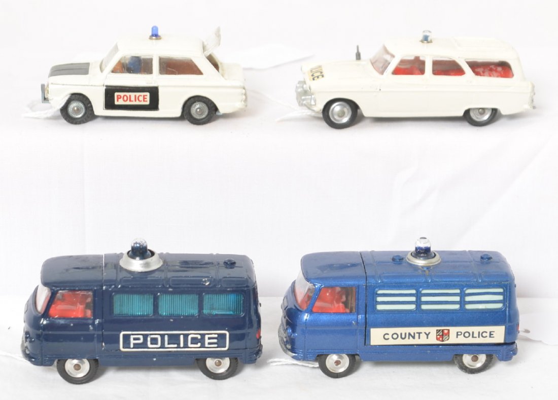 Corgi Toys County Police Commer... police cars: Corgi Toys diecast toy police cars and vans. County Police Commer 3/4 Ton chassis (needs inside cleaned), Police Commer 3/4 Ton chassis (perfectly clean inside), Ford Zephyr Motorway Patrol car, Sunbe