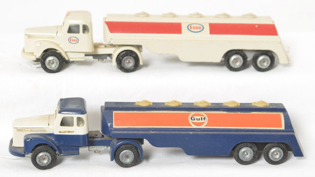 Tekno semi tanker trucks, Gulf and Esso Scania Vabis: Tekno Made in Denmark diecast toy semi tank trucks, one Gulf and one Esso, Scania Vabis. Truck shwo little wear, both should clean to look great. Both look to be original paint and tires. No flats or 
