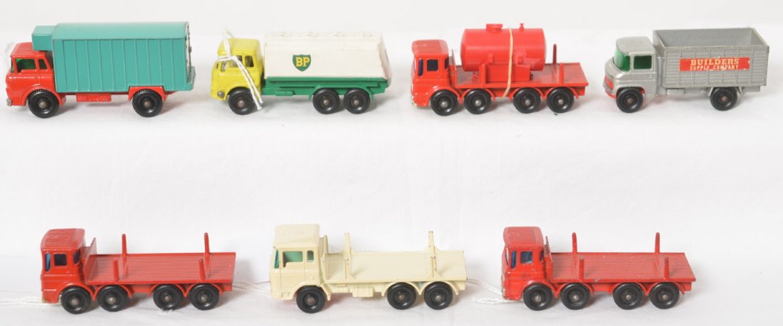 Matchbox Lesney diecast toy trucks, 10, 58, 44, 25, 11: Matchbox by Lesney diecast toy trucks, 58 Girder Truck, two Leyland 10 Pipe Trucks, 10 Pipe Truck Ergonomic Cab, 44 Refrigerator Truck G.M.C., 25 Petrol Tanker, and 11 Mercedes Scaffolding Truck, orig