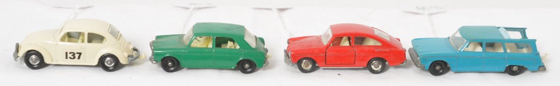 Matchbox Lesney 15, 42, 64, 67, diecast toy cars: Matchbox by Lesney diecast toy cars, 15 Volkswagen 1500 saloon, 42 Studebaker Lark Wagonaire, 64 M.G. 1100, and 67 Volkswagen 1600 TL, original paint and wheels. Studebaker has repainted roof. Very li