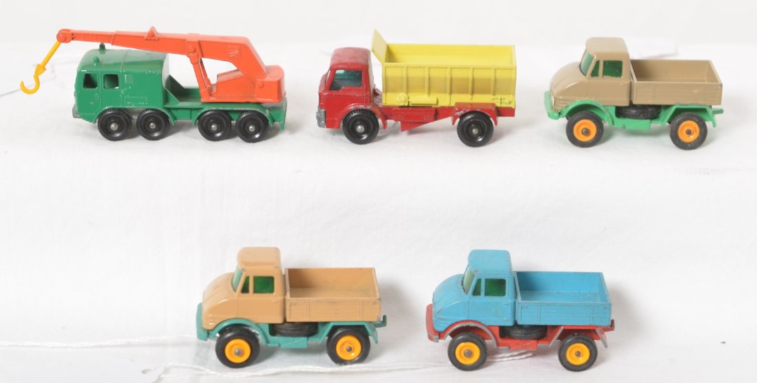 Matchbox Lesney trucks, three 49 Unimog, 30, and 70: Matchbox by Lesney diecast toy trucks, three No. 49 Unimog, 30 8 wheel crane, 70 Grit Spreading truck. Trucks show very little to no wear. Original paint and tires.