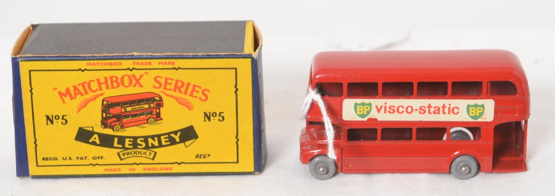 Matchbox Lesney No. 5 Visco-Static BP bus in OB, New: Diecast Matchbox by Lesney No. 5 BP visco-static double decker London Routemaster bus in original box, looks new with no wear. Original paint and tires. Box shows no wear. 5B8