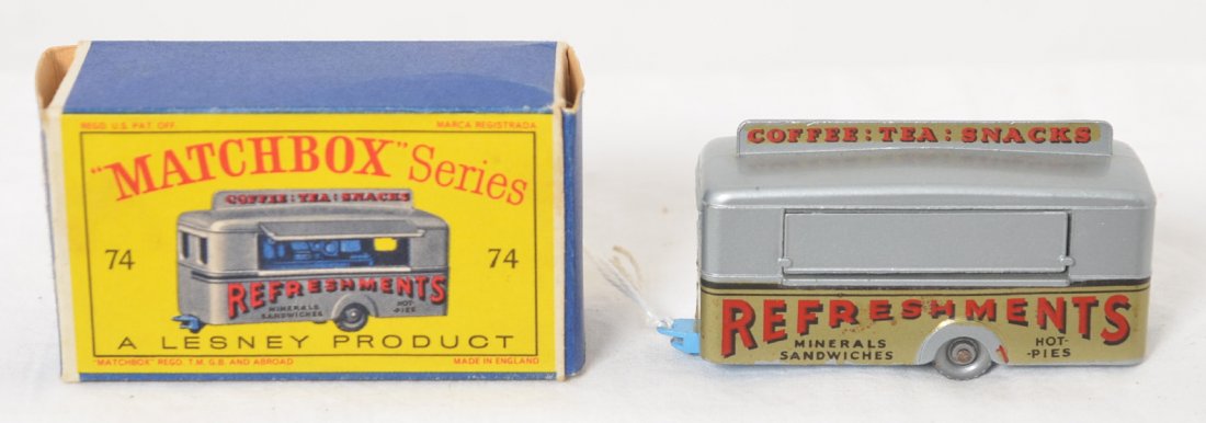 Matchbox 74 Mobile Canteen in original box, New: Diecast Matchbox by Lesney No. 74 Mobile Canteen in original box, looks new, no wear. Box shows no wear, partial removal of original price sticker. Original paint and tires. 74A4