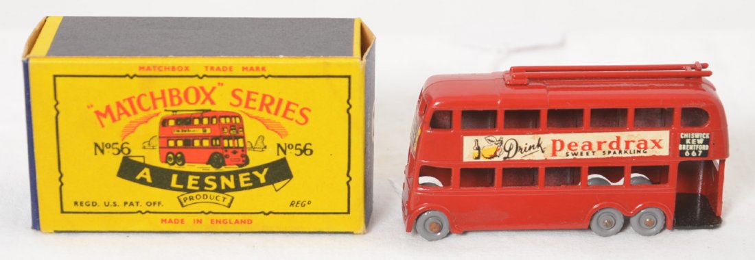 Matchbox Lesney 56 Drink Peardrax Trolley Bus in OB,: Diecast Matchbox made by Lesney No. 56 Peardrax Trolley Bus in original box, looks new with no wear. Original paint and tires. Box shows little wear. 56A5