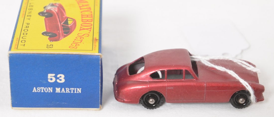 Matchbox 53 Aston Martin in OB, New: Diecast Matchbox made by Lesney No. 53 Aston Martin in original box looks new showing no wear. Original paint and tires. Box shows little wear, partial price sticker removal.