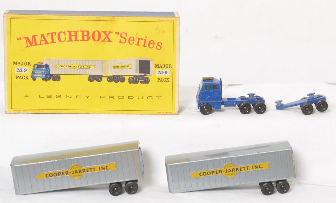 Matchbox Major Pack M-9 Cooper Jarrett in OB: Diecast Matchbox Lesney Major Pack M-9, Cooper-Jarrett semi tractor truck with tandem trailers in partial original box. Truck and trailers are in original paint with original tires. Box is only lid, l