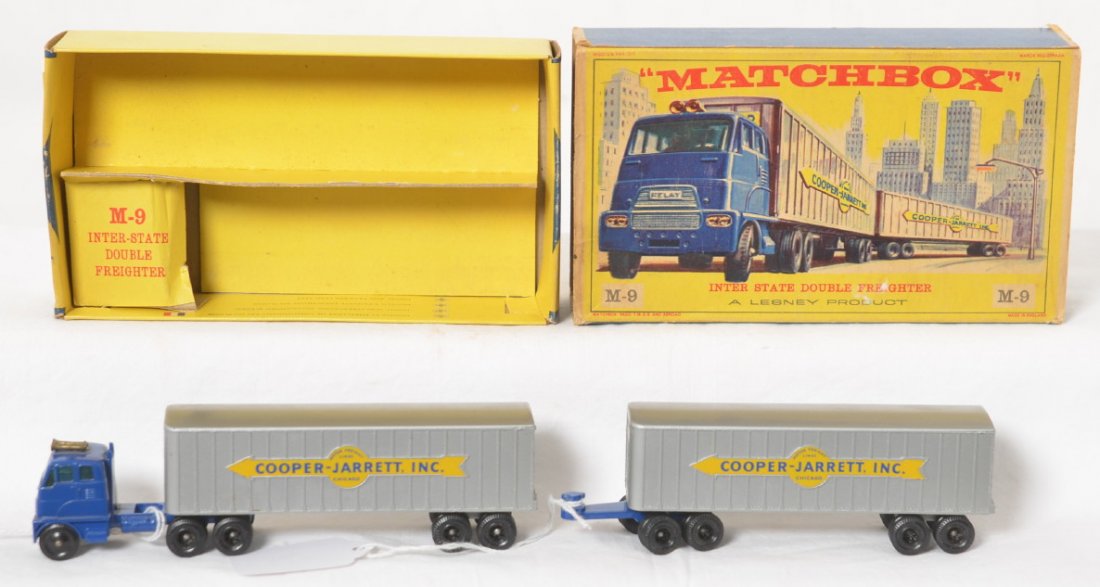 Matchbox M-9 Inter State Double Freight in OB: Diecast Matchbox Lesney M-9 Inter State Double Freight set in original box, shows a little very light wear. Box shows a little very light wear. Set looks near new. Semi tractor truck and both Cooper-J