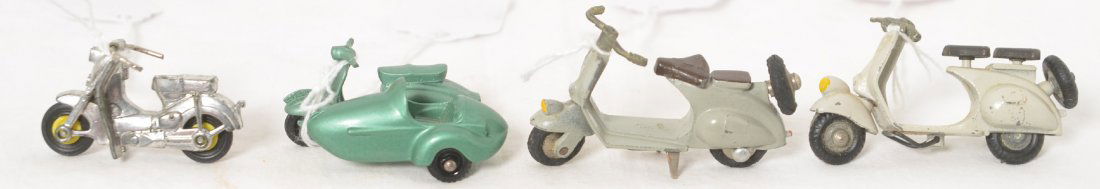 Lesney Lambretta, two Tekno Vespa, plastic moped: Lesney Lambretta, two Tekno Vespa, plastic moped. One Tekno is missing the kick start.