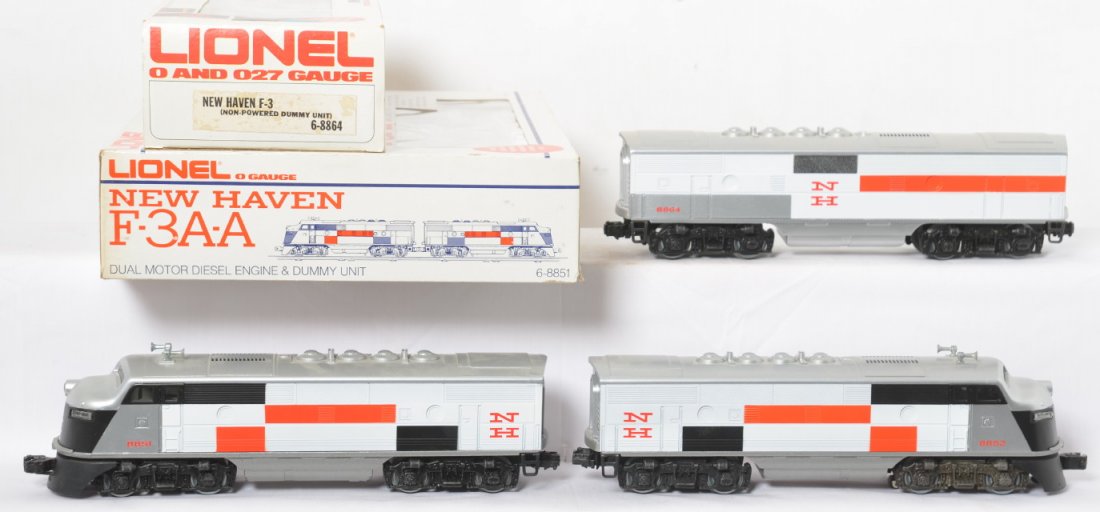 Lionel New Haven F3 A-B-A 8851 8864: Lionel modern O gauge New Haven F3 A-B-A set in OBs. Catalog numbers are 8851 and 8864. Locos are C8 with some shelf dust and very light run time. OBs have some light wear at the corners and edges.