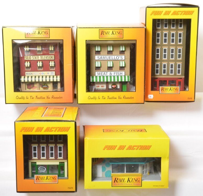 5 Railking buildings Hotel, Fish Store, TV store, etc: MTH Railking modern O gauge buildings in OBs. Includes 90279 Howard Street Hotel, 90225 ReneeÍs Packaged Goods, 90280 TimÍ s Tropical Fish, 90227 SamuelloÍs Meat and Fish, and 90272 Solid State Tel