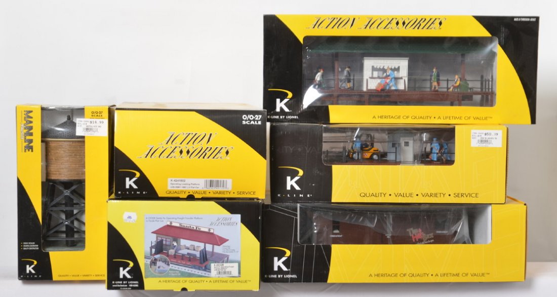 6 K Line accessories BBQ shack, freight platform,: K Line modern O gauge accessories in OBs. Includes 41787 Industrial water tower, 22328 Santa Fe operating freight platform with flat car, 42433 operating freight platform with car, 22192 Hot Box opera