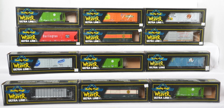 12 Weaver freight cars BNSF, Banner Creamery, etc: Weaver modern O gauge freight cars in OBs. Twelve cars total including 86659 Burlington hopper, three BNSF PS-2 hoppers, 534500 three bay coal hopper, two BNSF PS-1 boxcars, BNSF post office PS-1 boxc