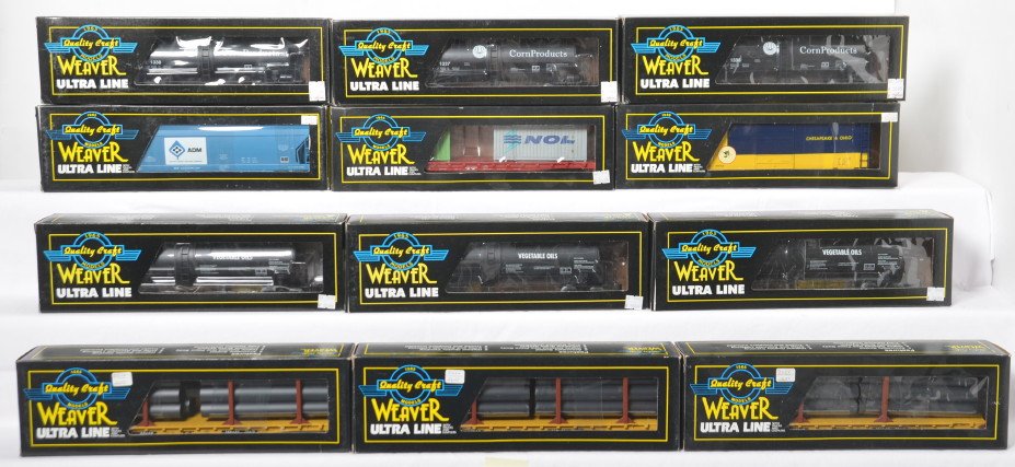 12 Weaver freight cars Cargill, Corn Products, C&O, etc: Weaver modern O gauge freight cars in OBs. Twelve cars total including 13582 Chesapeake and Ohio boxcar, U4706 Trailer Train flat with trailer, 1525 ADM hopper, three U4517L Cargill tank cars, three U