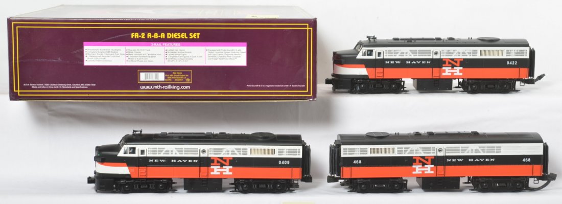 MTH New Haven FA-2 A-B-A set with Proto 2: MTH modern O gauge 20-2238-1 New Haven FA-2 A-B-A diesel locomotive set in OB. Locos feature Protosound 2.0, DCS control, Protosmoke, Protocouplers, and more. Locos are C8+ with light run time. OB has