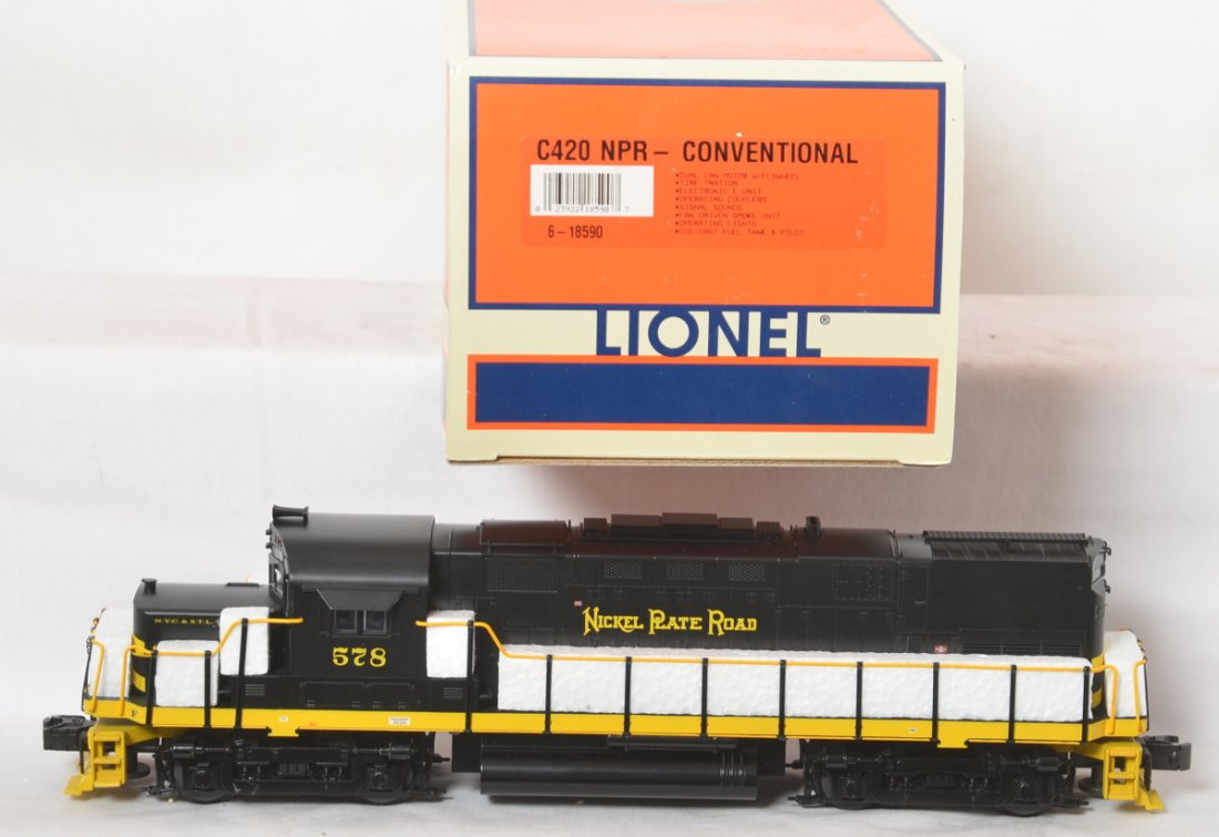 Lionel 18590 Nickel Plate Road C-420: Lionel modern O gauge 18590 Nickel Plate Alco C-420 diesel locomotive in OB. Loco is conventional with Signal Sounds, smoke, and can motors. Loco is C8+ with very light run time.