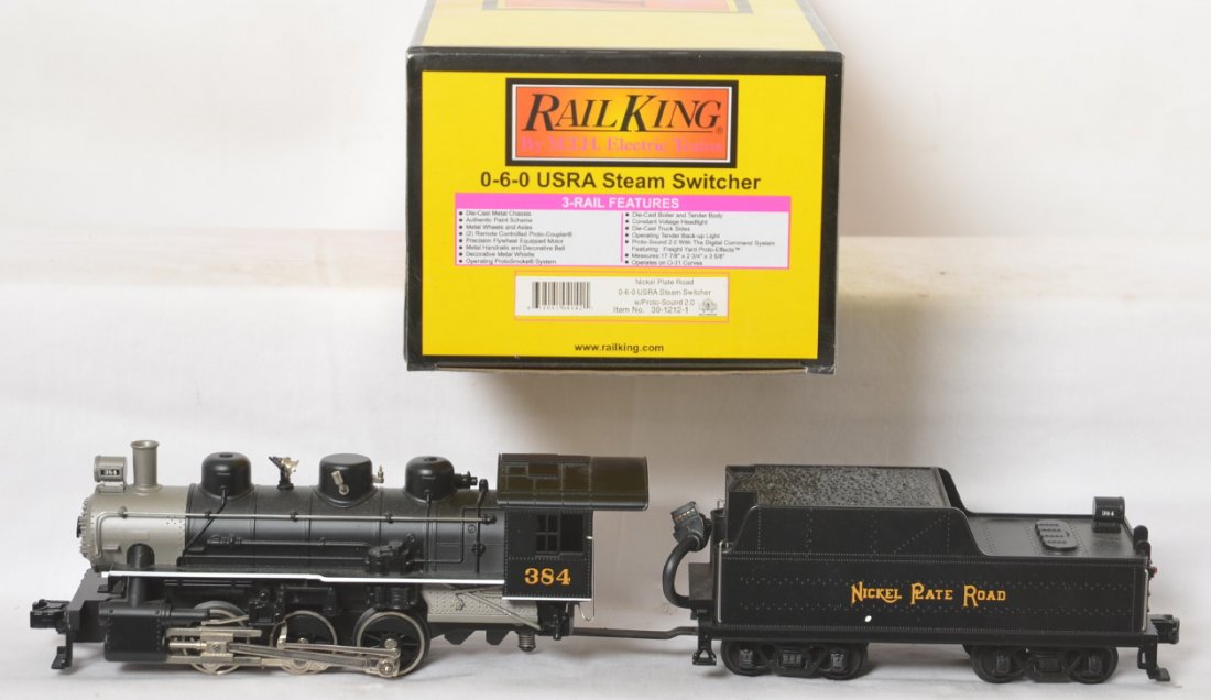 Railking Nickel Plate USRA 0-6-0 with Proto 2: MTH Railking modern O gauge 30-1212-1 Nickel Plate 0-6-0 USRA steam locomotive in OB. Loco features Protosound 2.0, DCS control, Protosmoke, Protocoupler, and more. Loco is C8 with run time and Bangor