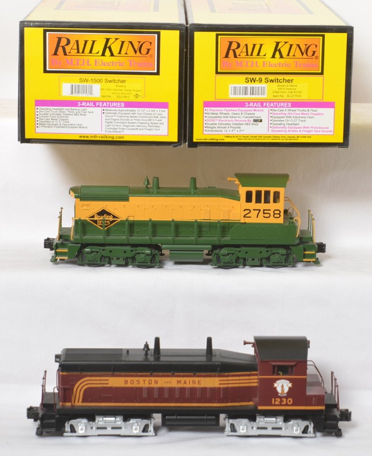 Railking Reading SW-1500 and B&M SW-9: MTH Railking modern O gauge switchers in OBs. Includes 30-2189-0 Reading and 30-2179-0 Boston and Maine. Both locos feature Locosound and are lower C8 with moderate run time.