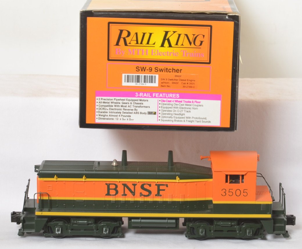 Railking BNSF SW-9 switcher: MTH Railking modern O gauge 30-2169-0 BNSF SW-9 switcher in OB. Features Locosound. C8 with run time.