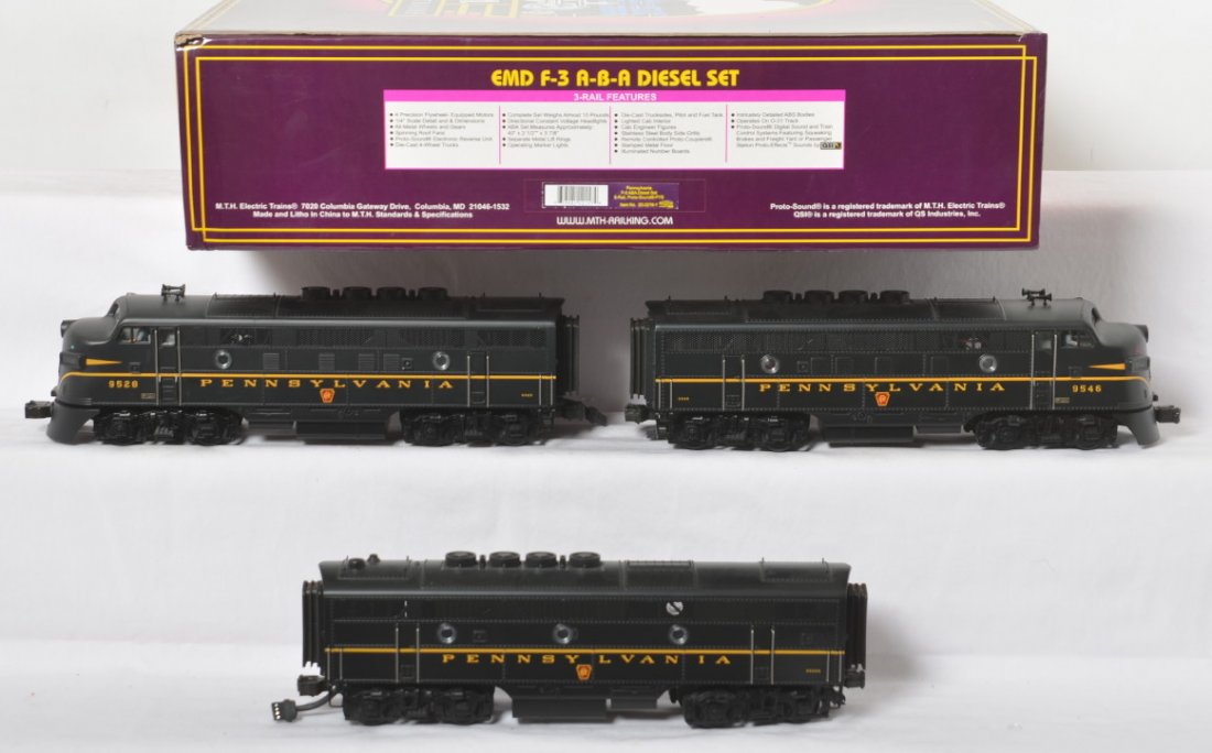 MTH Pennsylvania F-3 A-B-A with Proto: MTH modern O gauge 20-2218-1 Great Northern F-3 A-B-A with OB. Powered loco features Protosound, Protocoupler, and more. Locos are C8+ with very light run time.