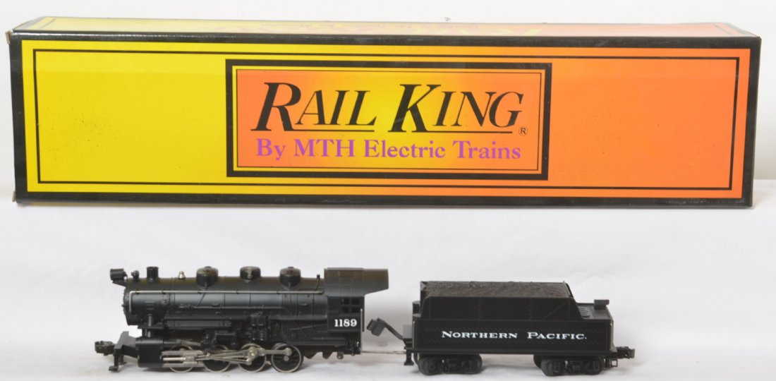 Railking Northern Pacific 0-8-0 switcher: MTH Railking modern O gauge 30-1124-0 Northern Pacific 0-8-0 steam locomotive in OB. Loco features smoke and whistle. C8 with run time. OB has some light dirt.