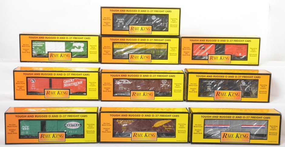 10 Railking boxcars 7456, 7485, 7475, 74103, etc: MTH Railking modern O gauge freight cars in OB. Ten boxcars include 7456 Burlington Northern, 7455 Great Northern, 7449 Seaboard, 7485 Rutland, 7475 New Haven, 7421 Amtrak, 74103 New York Central, 744