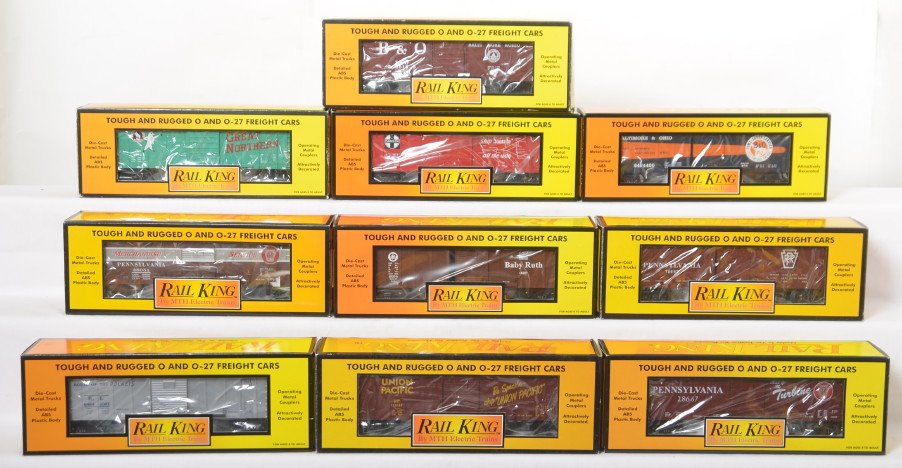 10 Railking boxcars 7419, 74081, 7412 , 7486: MTH Railking modern O gauge freight cars in OB. Ten boxcars include 74018 Santa Fe, 7418 Pennsylvania, 74033 Baltimore and Ohio, 7419 Great Northern, 7408L Pennsylvania, 74081 Pennsylvania BoyÃ•s, 