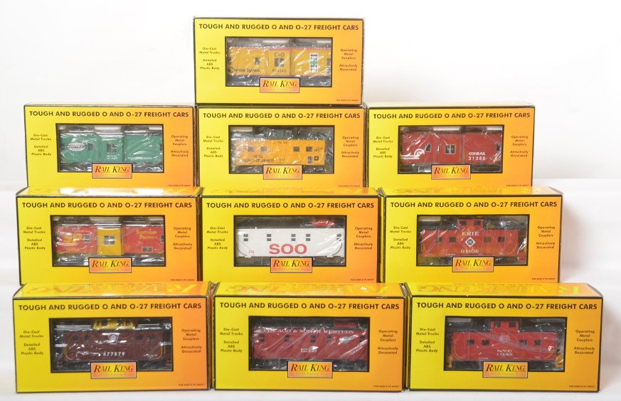 10 Railking cabooses 7790, 770009, 7738, etc: MTH Railking modern O gauge freight cars in OB. Ten cabooses include 7739 New York Central, 7734 Chicago and Northwestern, 7793 Southern Pacific, 7790 Soo, 7730 Pennsylvania, 77002 Chicago and Northwe