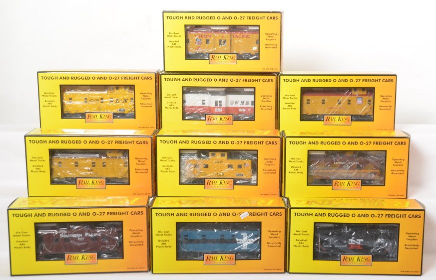 10 Railking cabooses 7758, 7749, 77010, etc: MTH Railking modern O gauge freight cars in OB. Ten cabooses include 7727 Chicago and Northwestern, 7758 Western Maryland, 7786 Boston and Maine, 7744 Louisville and Nashville, 7748 DM&IR, 77012 New H