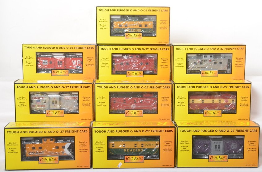 10 Railking cabooses 7471, 7459, 7438, etc: MTH Railking modern O gauge freight cars in OB. Ten cabooses include 77008 Baltimore and Ohio, 7745 Virginia, 7794 Union Pacific, 7742 Western Pacific, 7009F CP Rail, 7789 Reading, 7783 Atlantic Coast