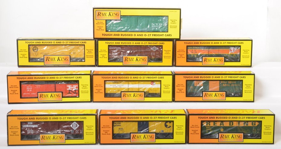 10 Railking boxcars 7438, 7467, 74021, etc: MTH Railking modern O gauge freight cars in OB. Ten boxcars include 7413 Texas and Pacific, 7428 Erie Lackawanna, 7477 Timken, 7809L Pennsylvania, 74142 New Haven, 7463 New York Central, 74078 Reading