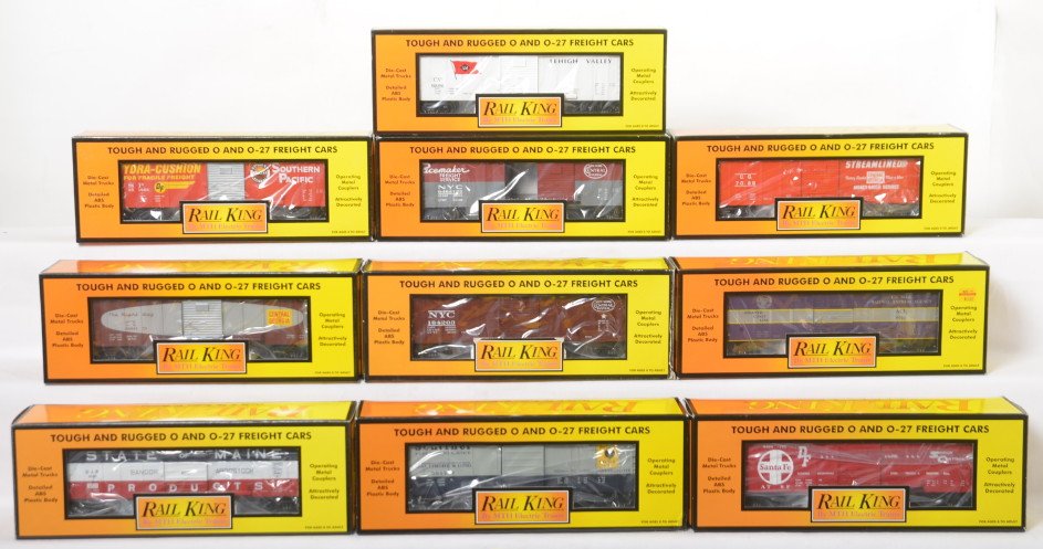 10 Railking boxcars 74008, 7458, 74046, etc.: MTH Railking modern O gauge freight cars in OB. Ten boxcars include 74048 Santa Fe, 74007 Southern Pacific, 7440 New York Central, 74019 Baltimore and Ohio, 74037 Central of Georgia, 7458 Atlantic Coa