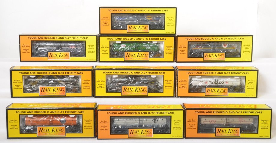 10 Railking tank cars 7311, 7379, 7335, etc: MTH Railking modern O gauge freight cars in OB. Ten tank cars include 7318 Union Pacific, 7311 Sinclair, 7309 Union Pacific, 7333 Pittsburgh and West Virginia, 7316 Texaco, 7313 Southern Pacific, 7379