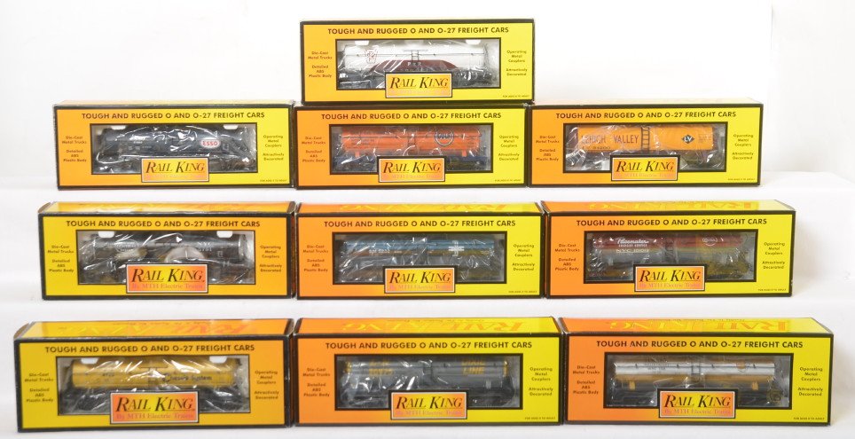 10 Railking tank cars 7334, 7349, 7310, 7317, etc: MTH Railking modern O gauge freight cars in OB. Ten tank cars include 7334 Louisville and Nashville, 7377 Gulf, 7328 Timken, 7314 Esso, 7310 New York Central, 7331 Boston and Maine, 7349 Lehigh Valley
