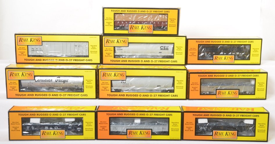 10 Railking hoppers and gondolas 7558, 7213, 7245, etc: MTH Railking modern O gauge freight cars in OB. Ten gondola and hopper cars include 7543 New York Central hopper, 7540 CSX hopper, 7558 Canadian Pacific hopper, 7557 Santa Fe hopper, 7213 Baltimore an