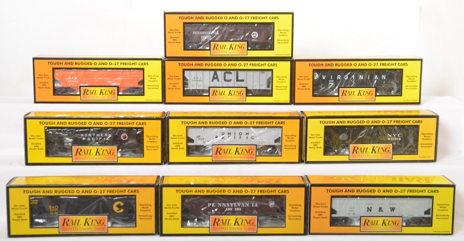 10 Railking hoppers 7512, 7556, 7515, 7517, etc: MTH Railking modern O gauge freight cars in OB. Ten hopper cars include 7508 Pennsylvania, 7545 Louisville and Nashville , 7509 Union Pacific, 7515 Norfolk and Western, 7512 Northern Pacific, 7556 Atl