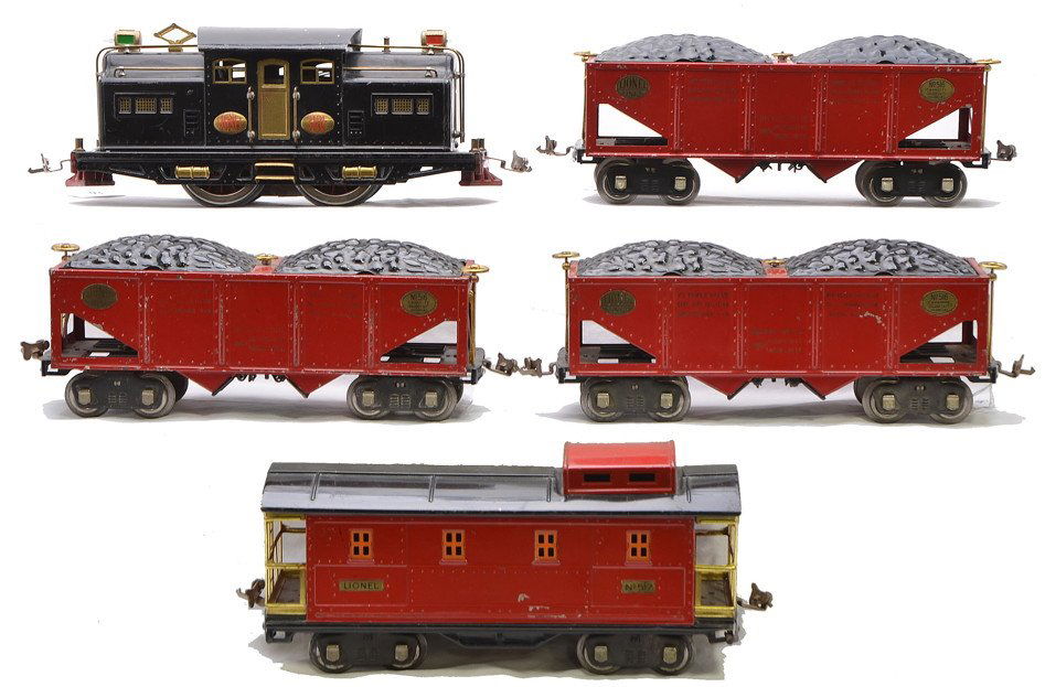Lionel Std. Ga. Coal Train Freight Set 340E: Lionel prewar standard gauge coal train freight set no. 340E, circa 1929 including; 318E black electric loco with red lettered brass plates, three red 516 hoppers with rubber stamped gold lettering th